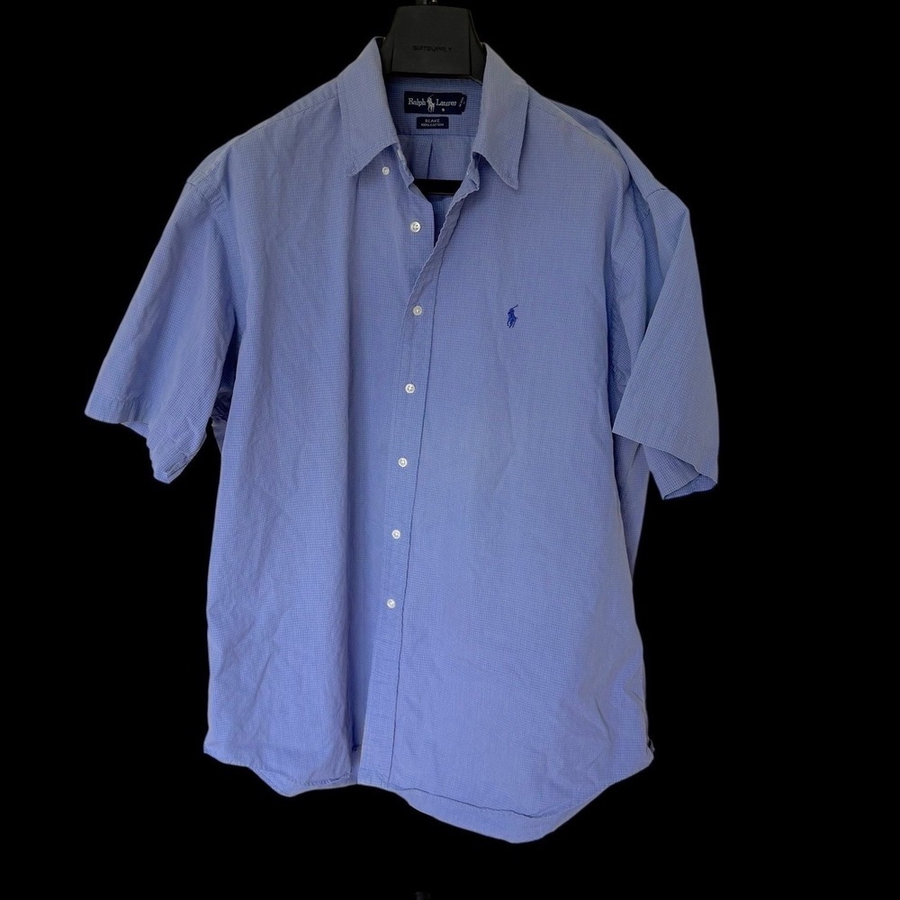 90's Ralph Lauren Blake XL Blue Micro Check SS Cotton Button Down Shirt